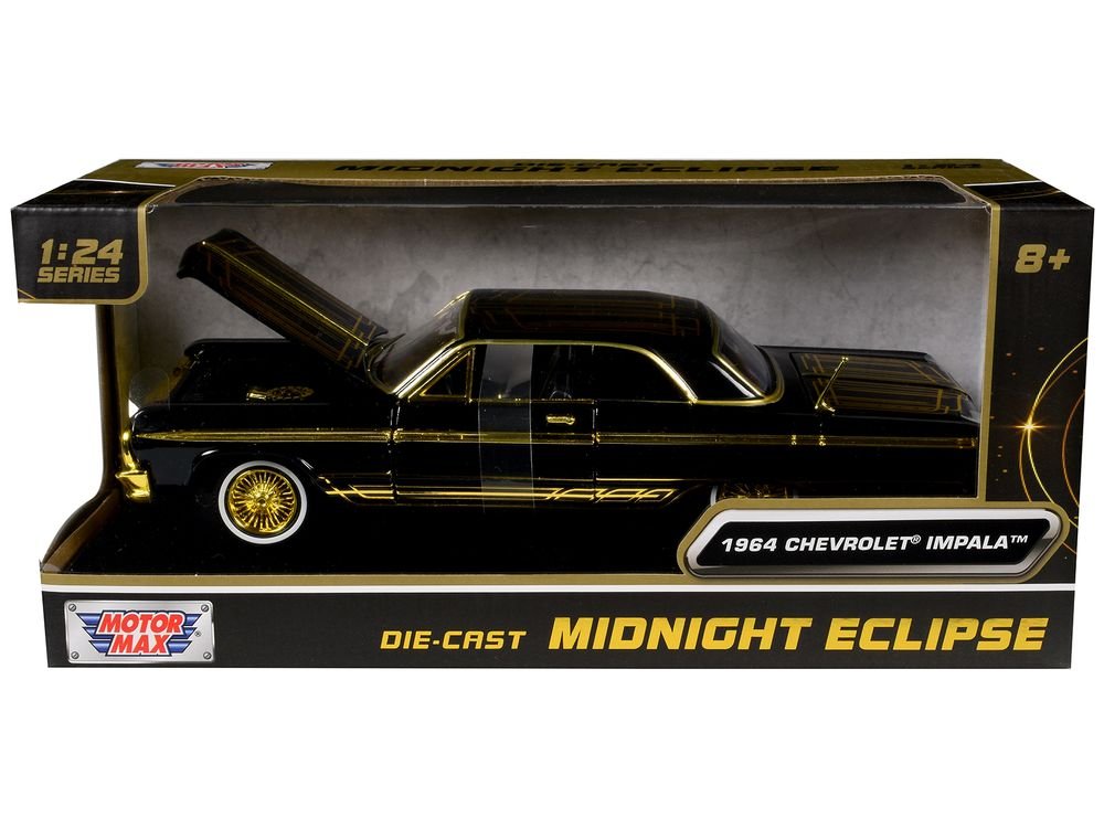 1964 Chevrolet Impala Lowrider Black with Gold Graphics and Wheels "Midnight Eclipse" Series 1/24 Diecast Model Car by Motormax view 3