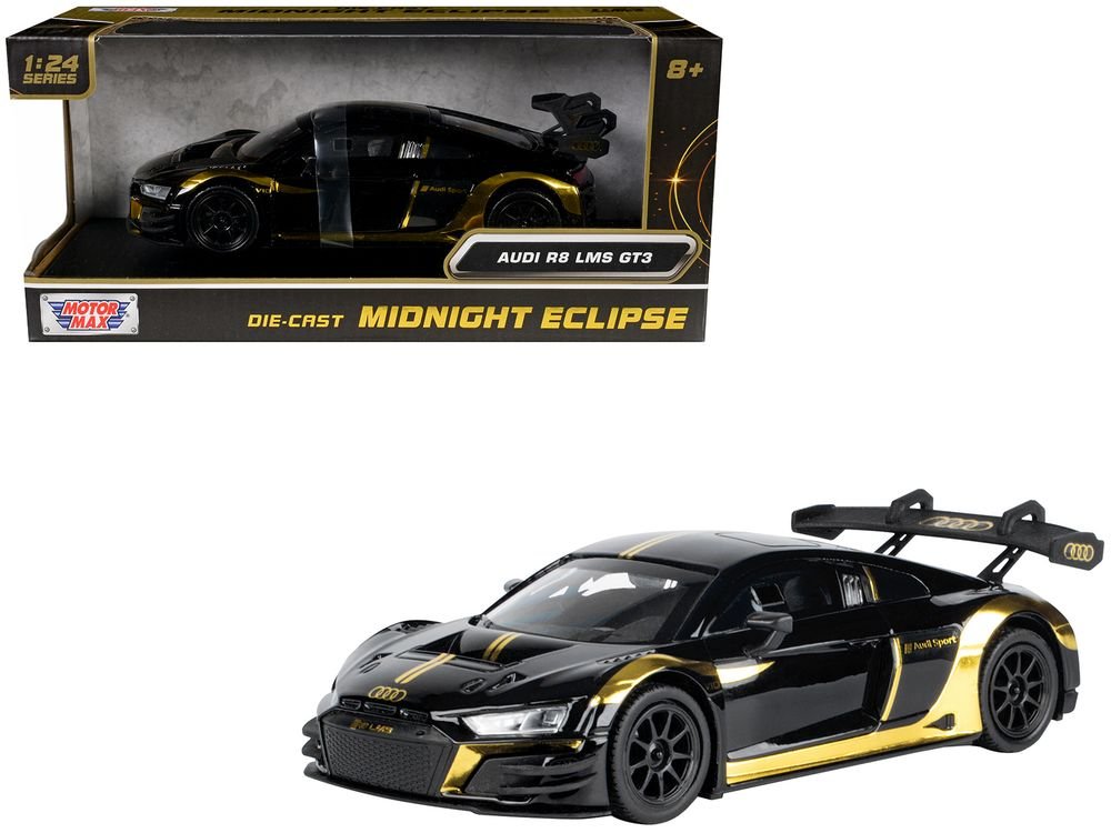 Audi R8 LMS GT3 Black with Gold Stripes and Graphics "Midnight Eclipse" Series 1/24 Diecast Model Car by Motormax