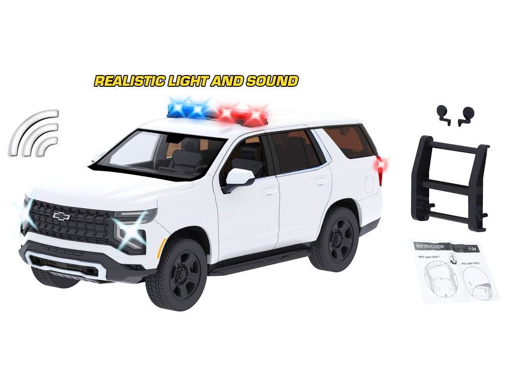 2025 Chevrolet Tahoe PPV White "Builder's Kit" with Flashing Light Bar and Front and Rear Lights and Sounds 1/24 Diecast Model Car by Motormax view 3