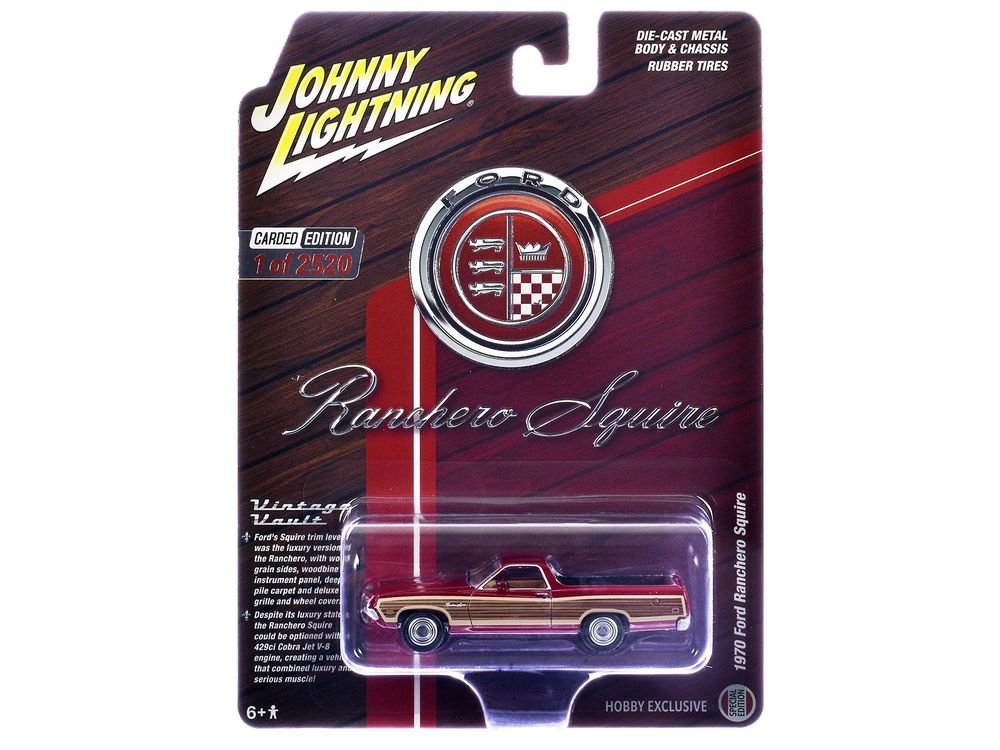 1970 Ford Ranchero Squire Red with Woodgrain Sides "Hobby Exclusive" Series Limited Edition to 2520 pieces Worldwide 1/64 Diecast Model Car by Johnny Lightning
