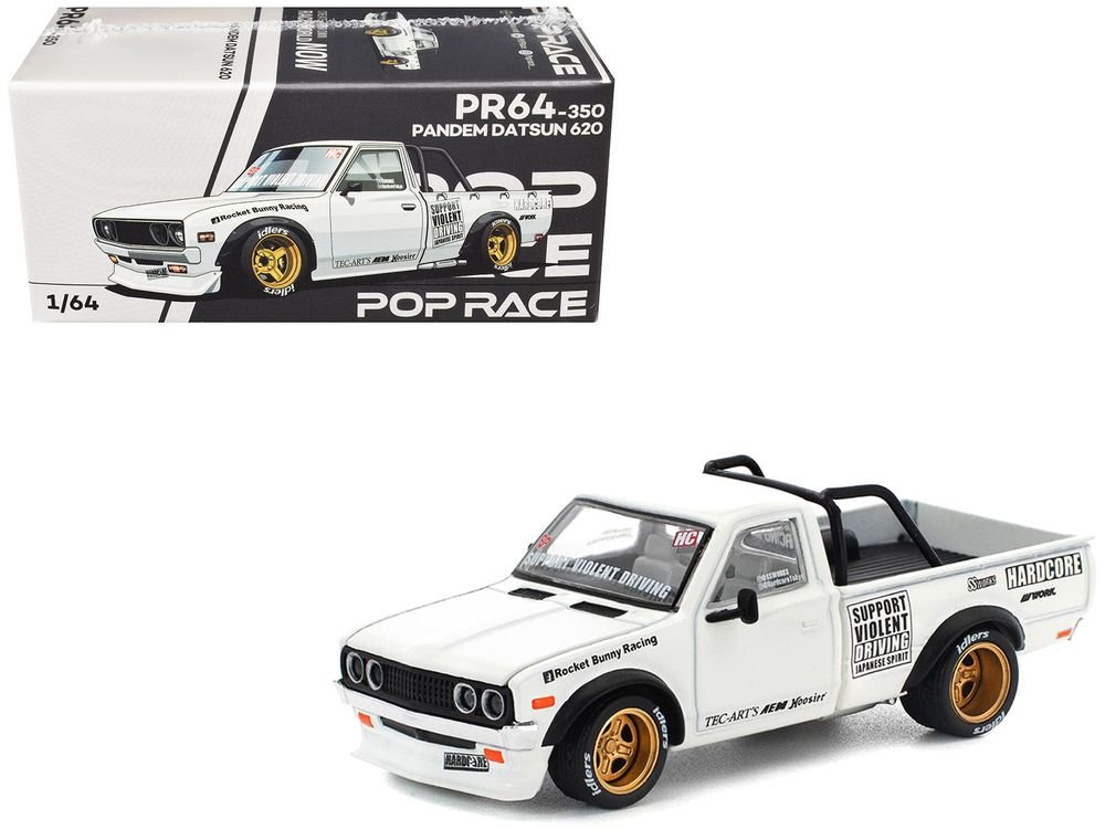 Datsun Pandem 620 Pickup Truck "Rocket Bunny Racing" White with Graphics 1/64 Diecast Model Car by Pop Race