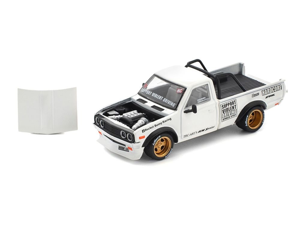 Datsun Pandem 620 Pickup Truck "Rocket Bunny Racing" White with Graphics 1/64 Diecast Model Car by Pop Race view 2