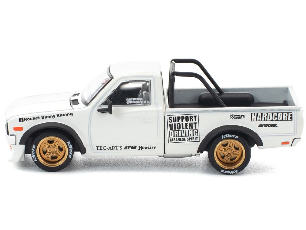 Datsun Pandem 620 Pickup Truck "Rocket Bunny Racing" White with Graphics 1/64 Diecast Model Car by Pop Race view 3