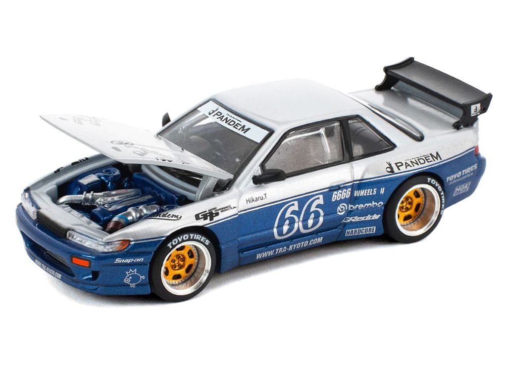 Pandem S13 RHD (Right Hand Drive) Silver and Moontech Blue Metallic with Graphics 1/64 Diecast Model Car by Pop Race view 2