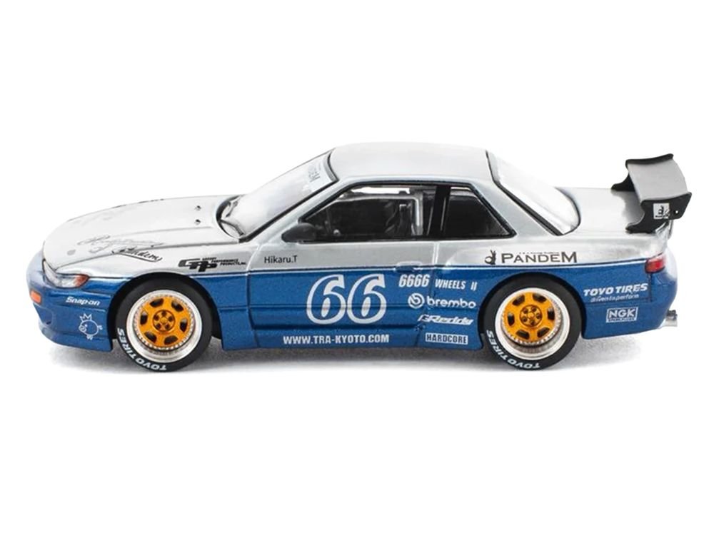 Pandem S13 RHD (Right Hand Drive) Silver and Moontech Blue Metallic with Graphics 1/64 Diecast Model Car by Pop Race view 3