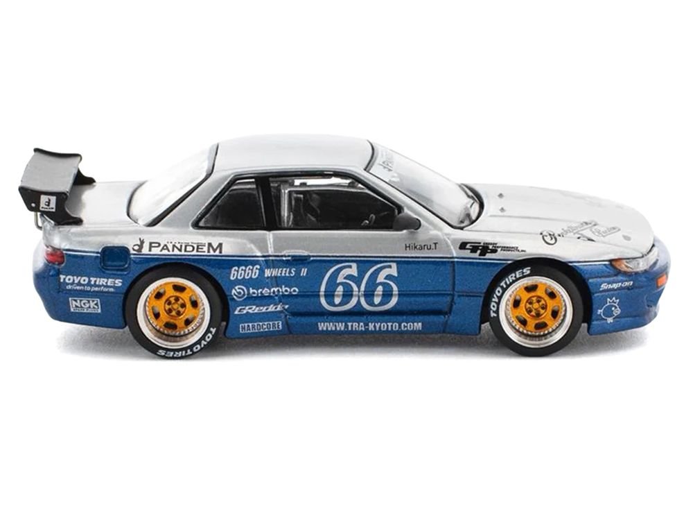 Pandem S13 RHD (Right Hand Drive) Silver and Moontech Blue Metallic with Graphics 1/64 Diecast Model Car by Pop Race view 4