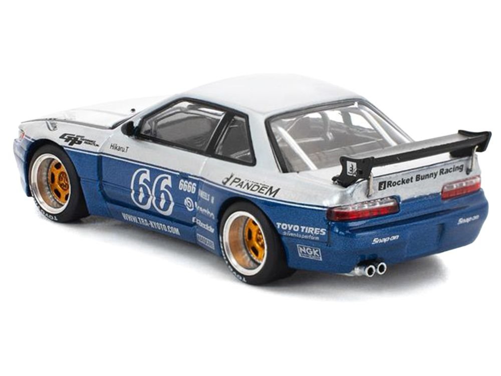 Pandem S13 RHD (Right Hand Drive) Silver and Moontech Blue Metallic with Graphics 1/64 Diecast Model Car by Pop Race view 5
