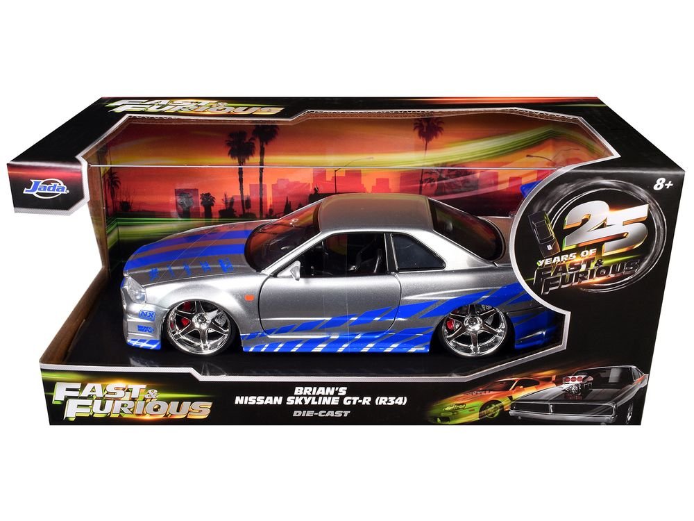 Brian's Nissan GTR Skyline R34 RHD (Right Hand Drive) Silver with Blue Stripes "Fast & Furious 25th Anniversary" 1/24 Diecast Model Car by Jada view 3