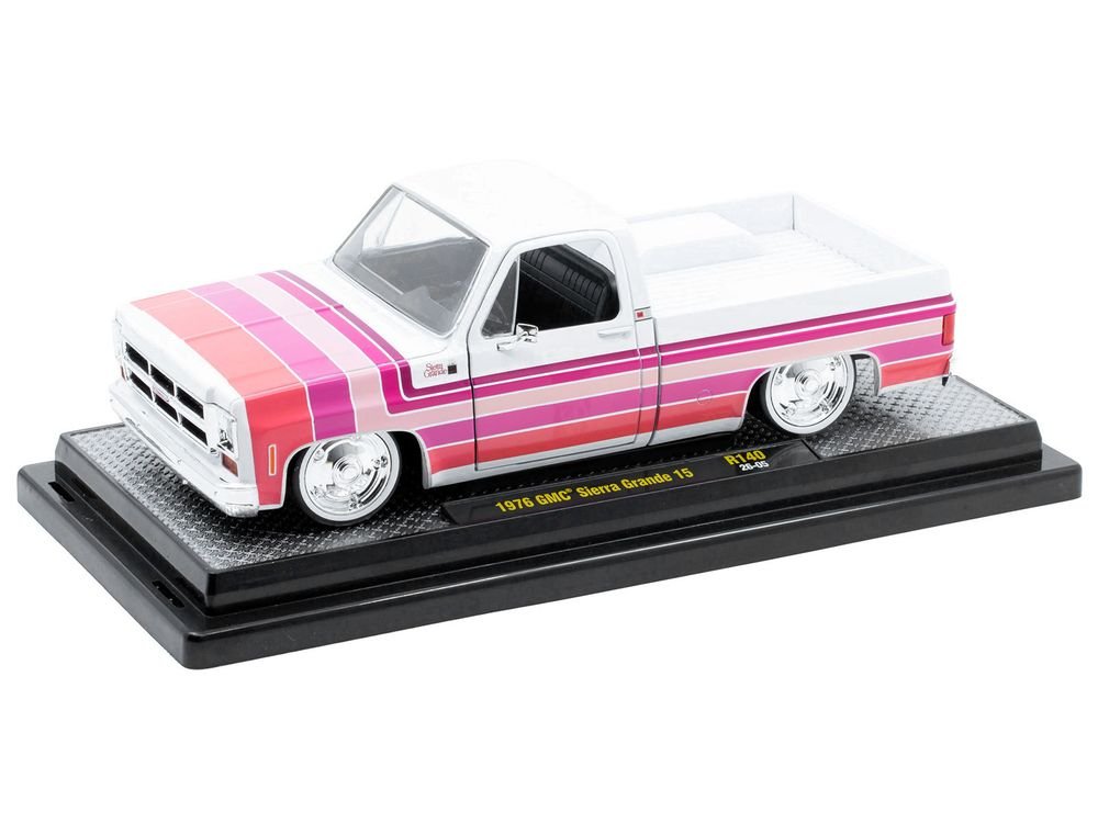 1976 GMC Sierra Grande 15 Pickup Truck White with Stripes Limited Edition to 9250 pieces Worldwide 1/24 Diecast Model Car by M2 Machines view 2