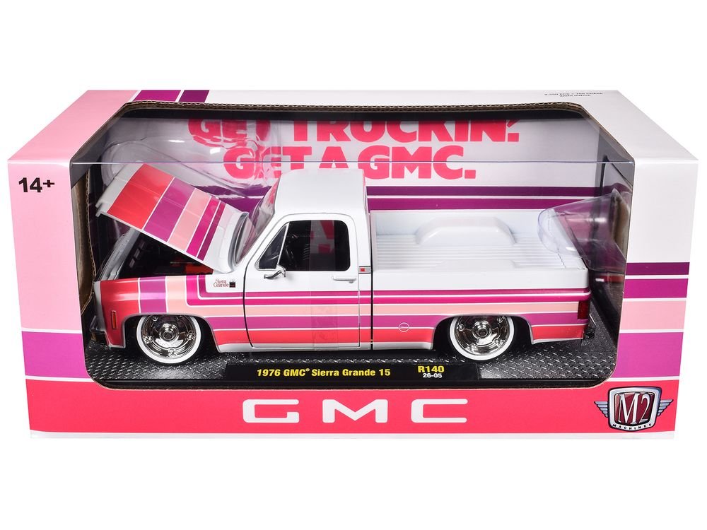 1976 GMC Sierra Grande 15 Pickup Truck White with Stripes Limited Edition to 9250 pieces Worldwide 1/24 Diecast Model Car by M2 Machines view 3