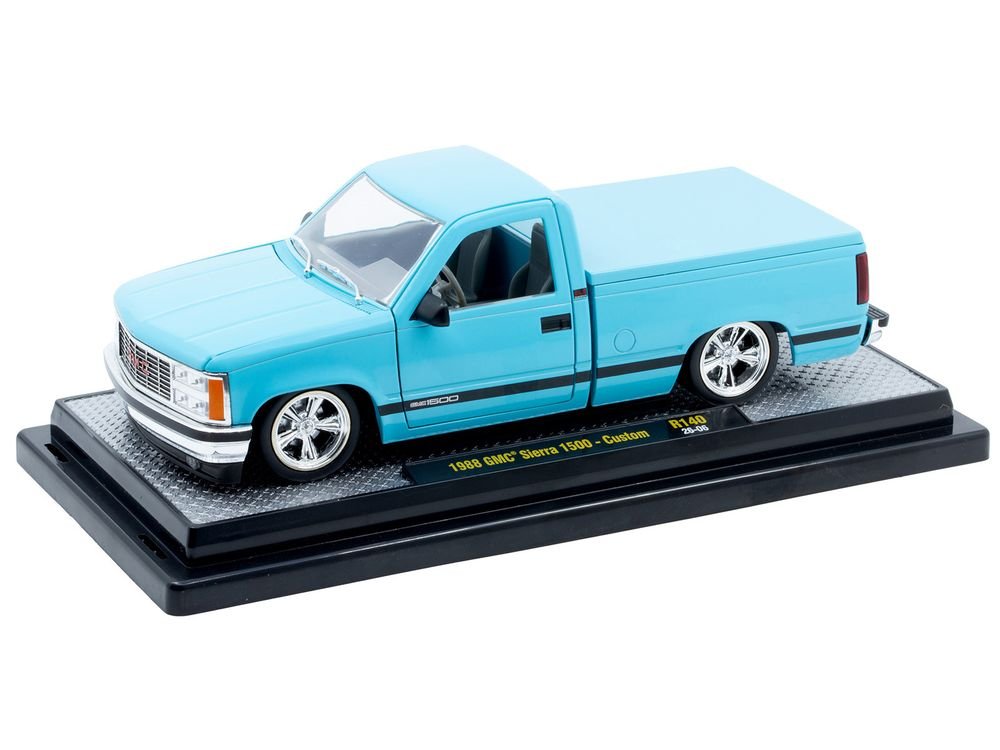1988 GMC Sierra 1500 Custom Pickup Truck Light Blue with Black Stripes Limited Edition to 9250 pieces Worldwide 1/24 Diecast Model Car by M2 Machines view 2