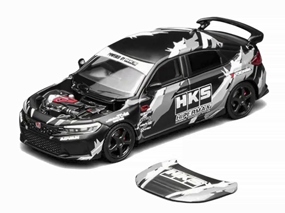 Honda Civic Type R (FL5) RHD (Right Hand Drive) "HKS" Matt Black with Graphics 1/64 Diecast Model Car by MotorHelix view 2