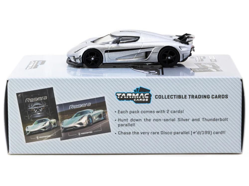 Koenigsegg Regera Silver Metallic with Blue Accents and Collectible Tarmac Cards "Global64" Series 1/64 Diecast Model Car by Tarmac Works view 3