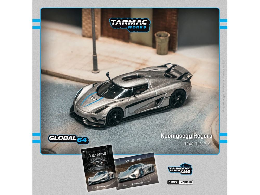 Koenigsegg Regera Silver Metallic with Blue Accents and Collectible Tarmac Cards "Global64" Series 1/64 Diecast Model Car by Tarmac Works view 4