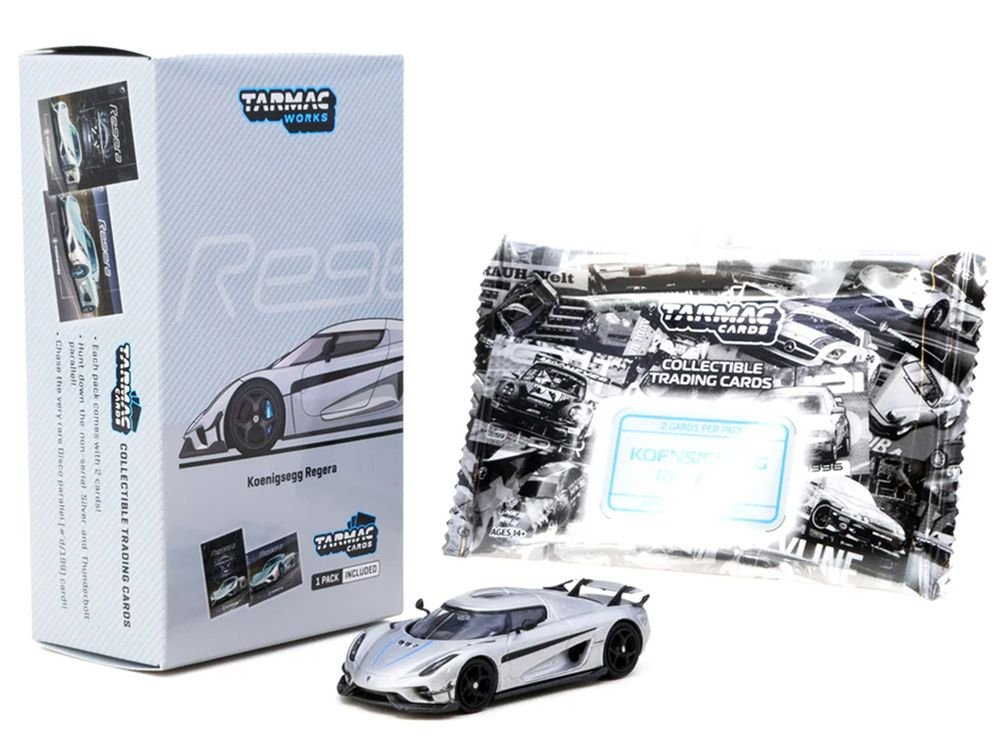 Koenigsegg Regera Silver Metallic with Blue Accents and Collectible Tarmac Cards "Global64" Series 1/64 Diecast Model Car by Tarmac Works view 5