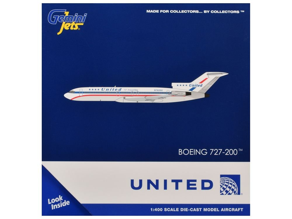 Boeing 727-200 Commercial Aircraft "United Airlines - Stars & Bars/Friend Ship" (N7620U) White with Red and Blue Stripes 1/400 Diecast Model Airplane by GeminiJets view 3