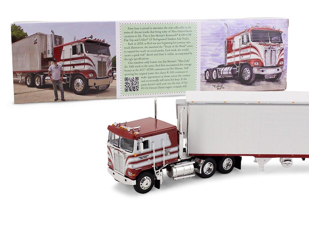 Kenworth K100 COE Flat Top and 53' Utility Trailer with Reefer "Red's Favorites - Jim Skrinar" Red with White Stripes 1/64 Diecast Model by DCP/First Gear view 4
