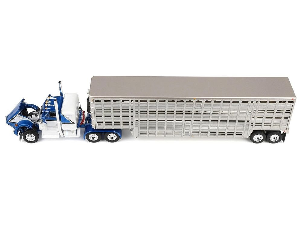 Kenworth W900A with 36" Sleeper and 45' Wilson Vintage Livestock Trailer Mariner Blue and White with Silver Trailer 1/64 Diecast Model by DCP/First Gear view 2