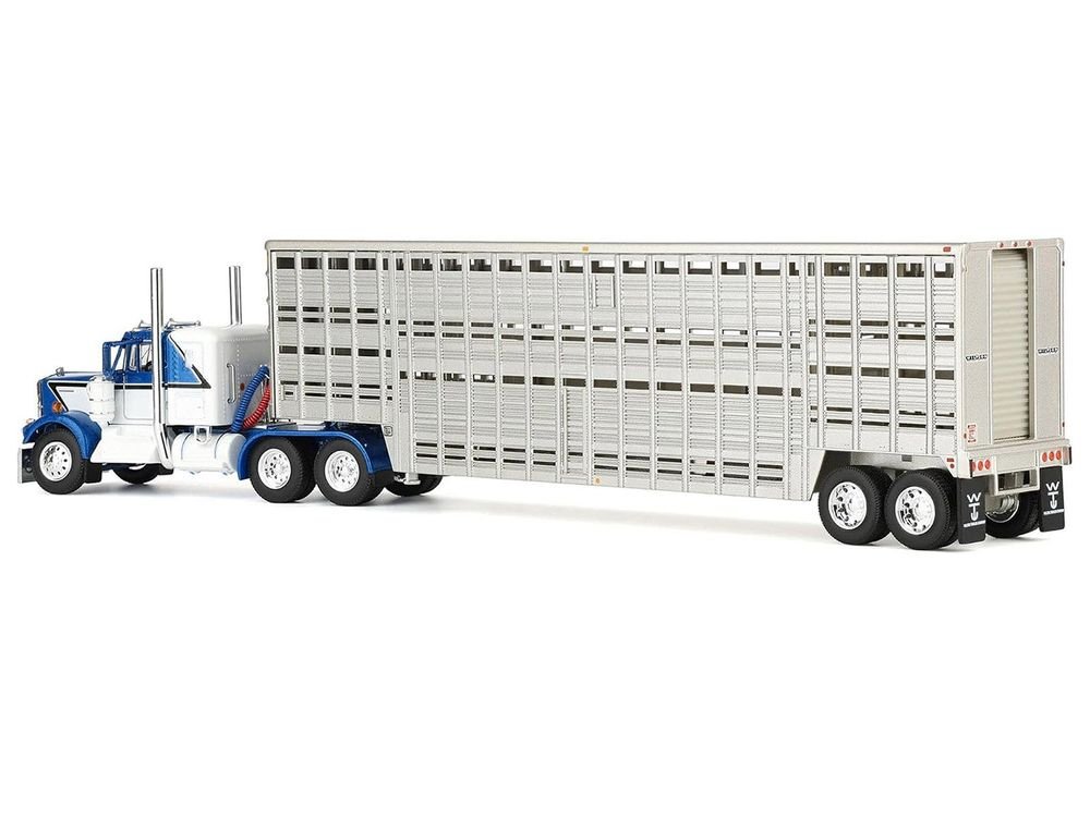 Kenworth W900A with 36" Sleeper and 45' Wilson Vintage Livestock Trailer Mariner Blue and White with Silver Trailer 1/64 Diecast Model by DCP/First Gear view 3