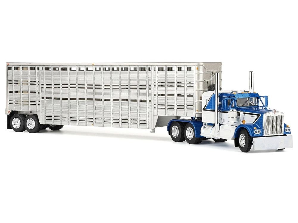 Kenworth W900A with 36" Sleeper and 45' Wilson Vintage Livestock Trailer Mariner Blue and White with Silver Trailer 1/64 Diecast Model by DCP/First Gear view 4