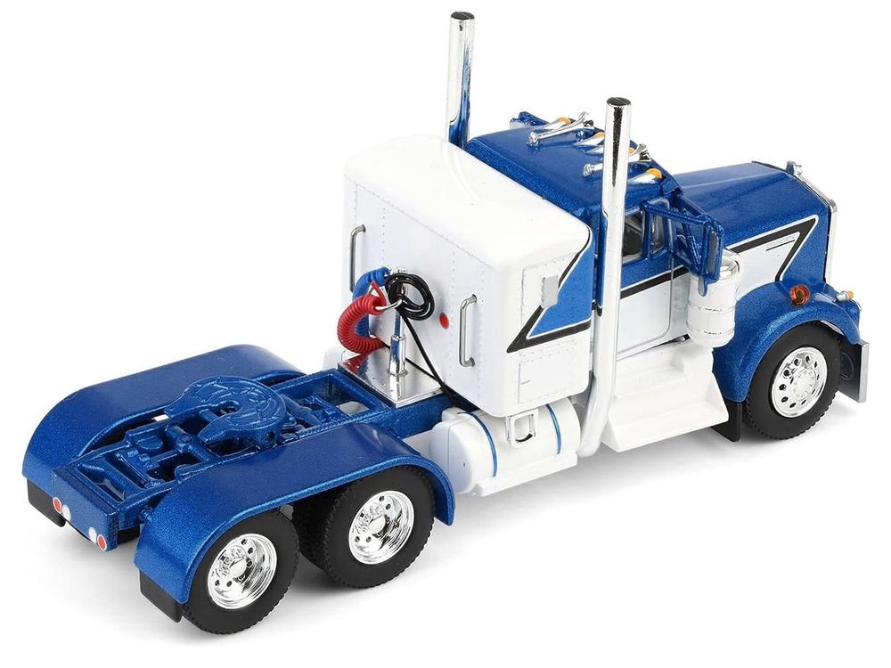 Kenworth W900A with 36" Sleeper and 45' Wilson Vintage Livestock Trailer Mariner Blue and White with Silver Trailer 1/64 Diecast Model by DCP/First Gear view 5