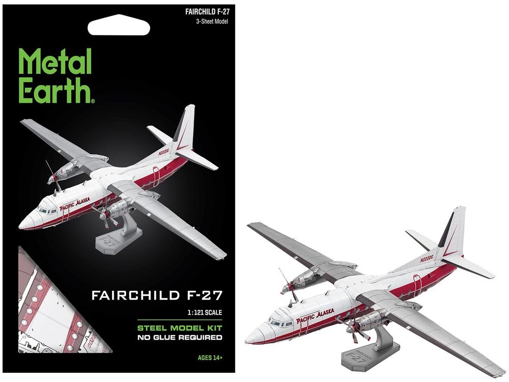 Model Kit Fairchild F-27 Commercial Aircraft "Pacific Alaska" White with Red Stripes (Moderate Difficulty) Steel Model by Metal Earth