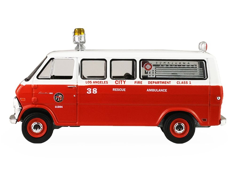 1969 Ford Econoline Ambulance "Los Angeles Fire Department" Red and White "Fire & Rescue" Series #5 1/64 Diecast Model Car by Greenlight view 2