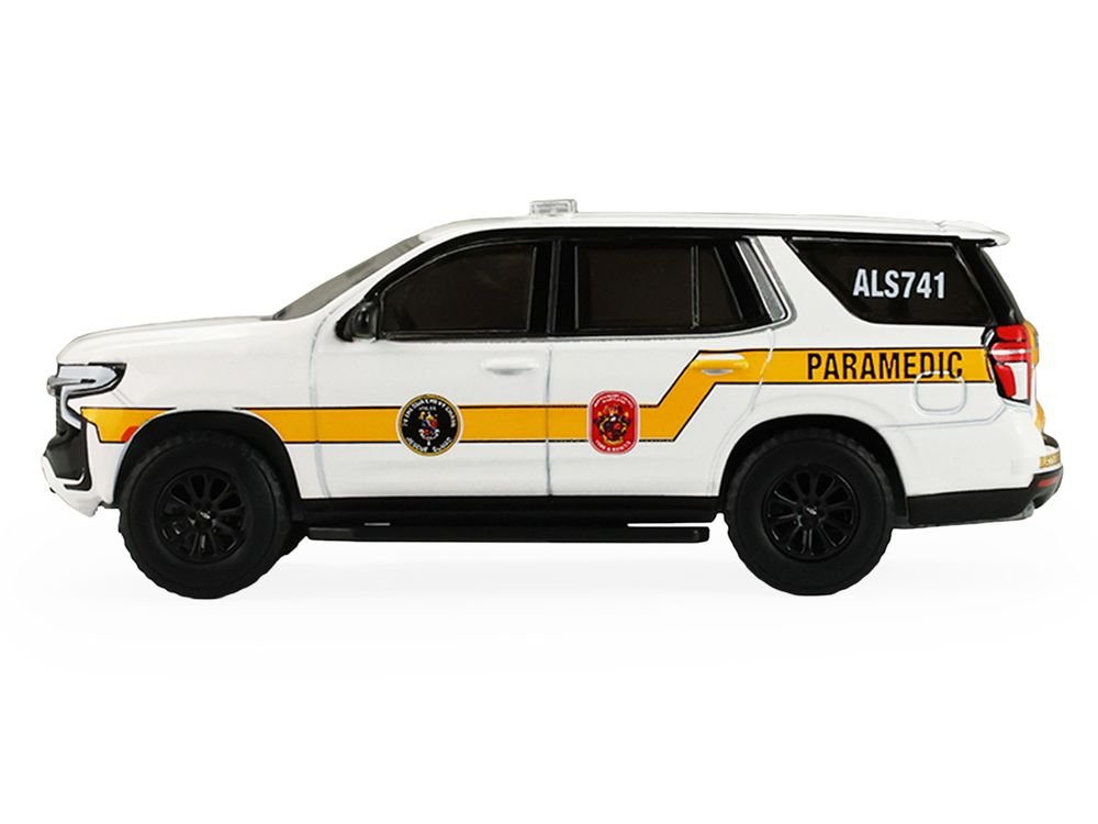 2024 Chevrolet Tahoe "Montgomery County Maryland Fire & Rescue Bethesda-Chevy Chase Rescue Squad" White with Yellow Stripes "Fire & Rescue" Series #5 1/64 Diecast Model Car by Greenlight view 2