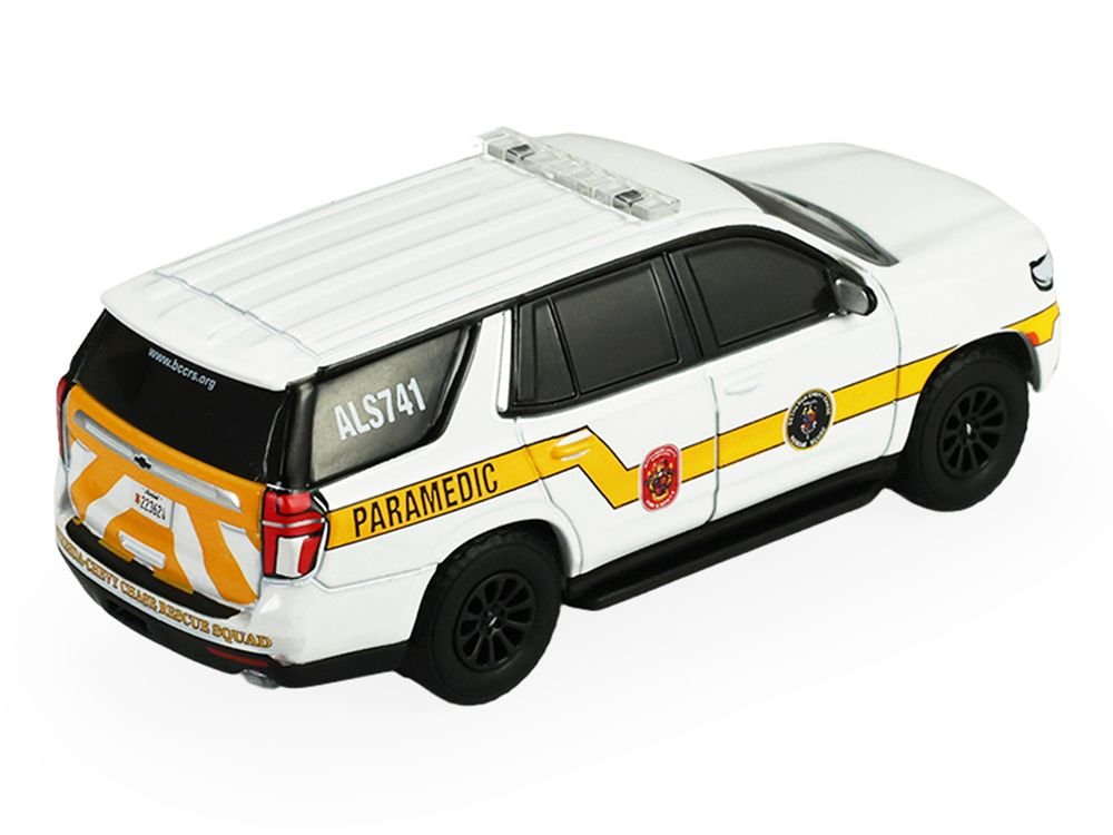 2024 Chevrolet Tahoe "Montgomery County Maryland Fire & Rescue Bethesda-Chevy Chase Rescue Squad" White with Yellow Stripes "Fire & Rescue" Series #5 1/64 Diecast Model Car by Greenlight view 3
