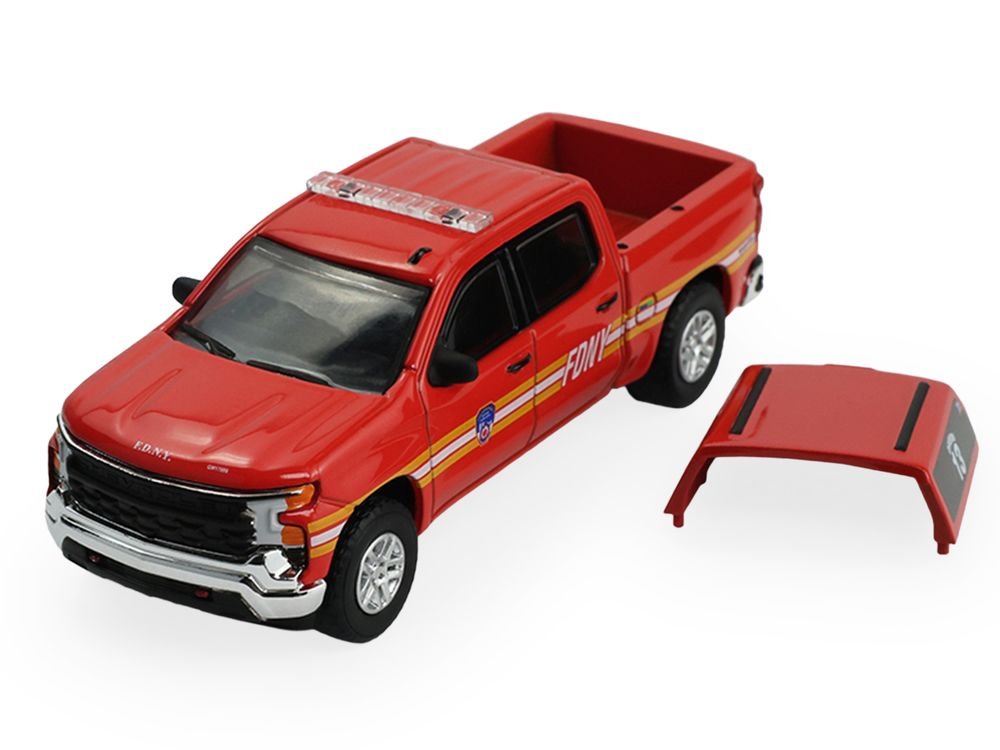 2023 Chevrolet Silverado Pickup Truck with Camper Shell "FDNY (New York City Fire Department)" Red with Stripes "Fire & Rescue" Series #5 1/64 Diecast Model Car by Greenlight view 2