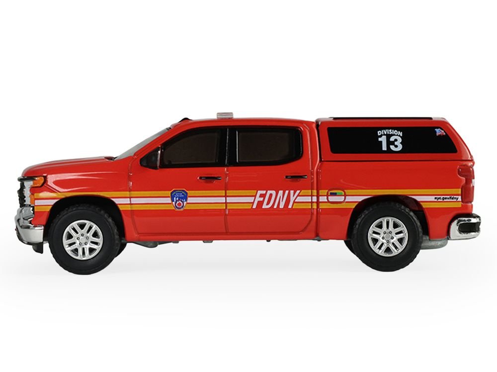 2023 Chevrolet Silverado Pickup Truck with Camper Shell "FDNY (New York City Fire Department)" Red with Stripes "Fire & Rescue" Series #5 1/64 Diecast Model Car by Greenlight view 3