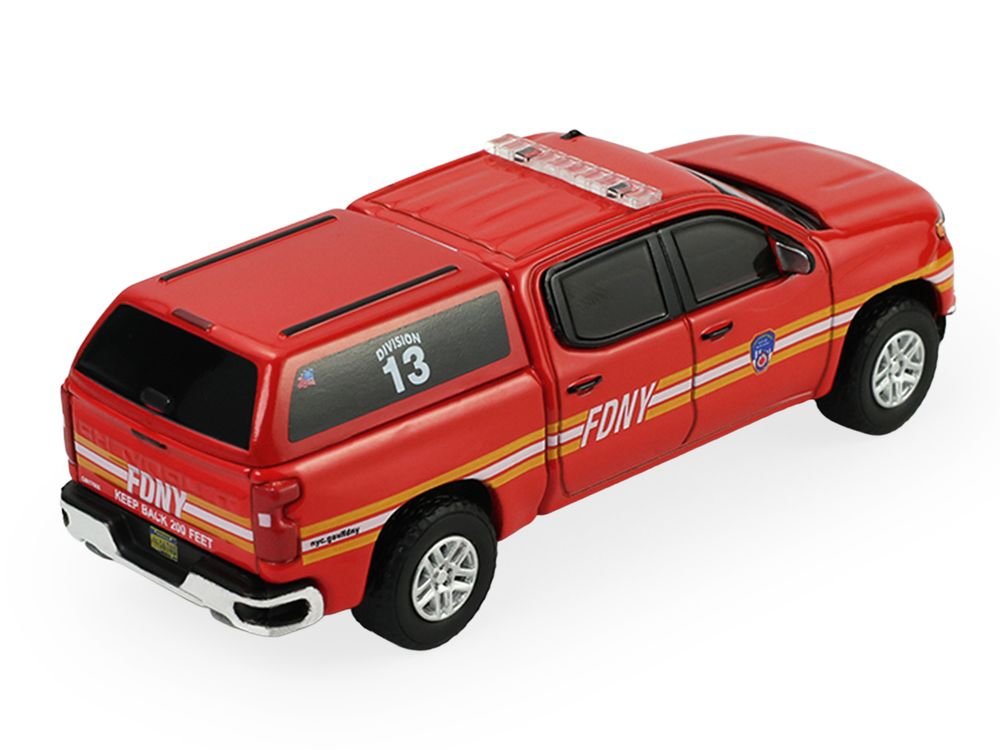 2023 Chevrolet Silverado Pickup Truck with Camper Shell "FDNY (New York City Fire Department)" Red with Stripes "Fire & Rescue" Series #5 1/64 Diecast Model Car by Greenlight view 4