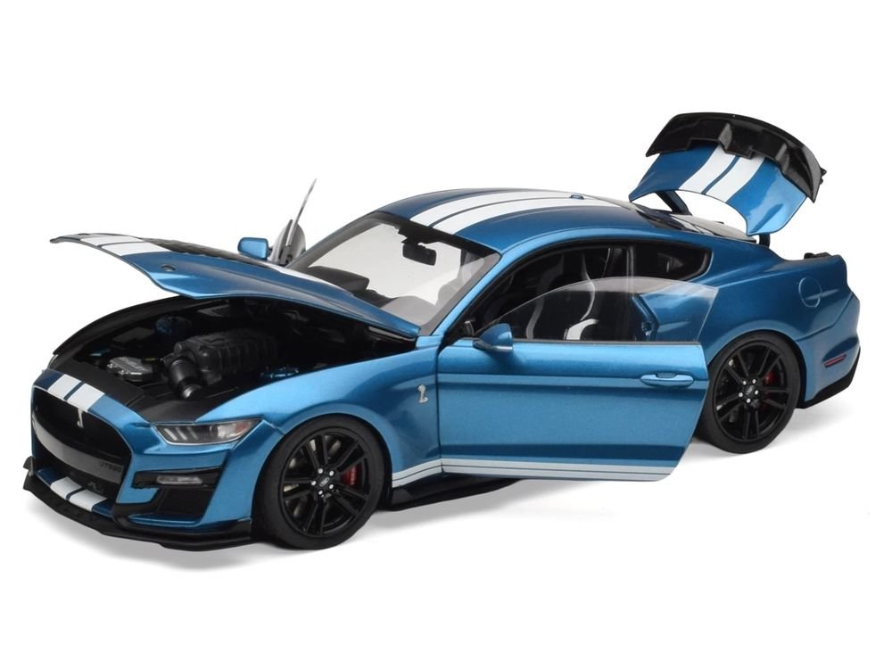 2022 Ford Mustang Shelby GT500 Blue Metallic with White Stripes 1/18 Diecast Model Car by IXO Models view 2