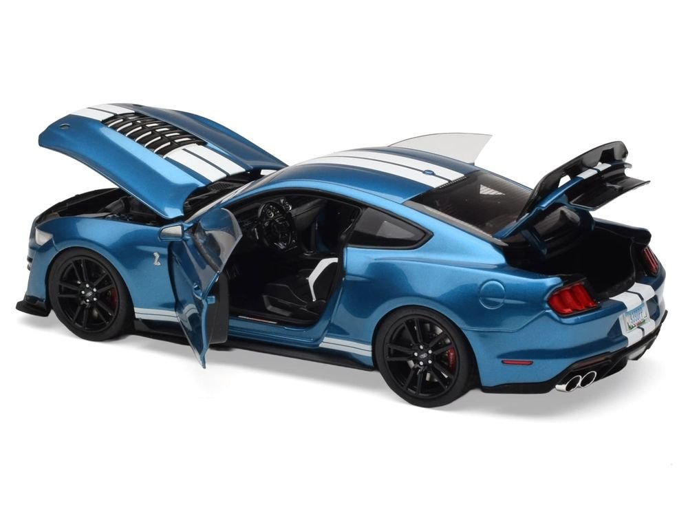 2022 Ford Mustang Shelby GT500 Blue Metallic with White Stripes 1/18 Diecast Model Car by IXO Models view 3