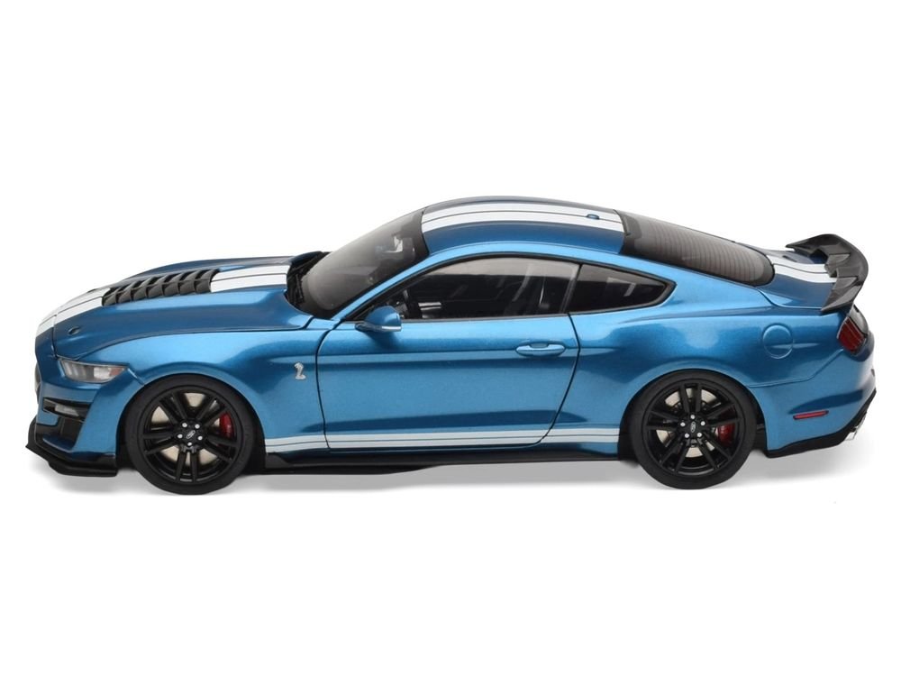 2022 Ford Mustang Shelby GT500 Blue Metallic with White Stripes 1/18 Diecast Model Car by IXO Models view 4