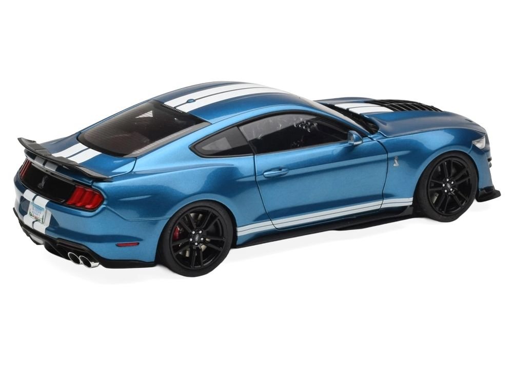 2022 Ford Mustang Shelby GT500 Blue Metallic with White Stripes 1/18 Diecast Model Car by IXO Models view 5
