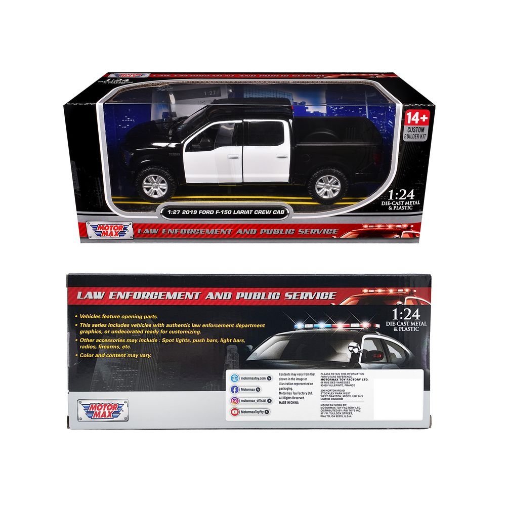 2019 Ford F-150 Lariat Crew Cab Pickup Truck Unmarked Plain Black and White "Custom Builder's Kit - Law Enforcement and Public Service" Series 1/24-1/27 Diecast Model Car by Motormax view 3