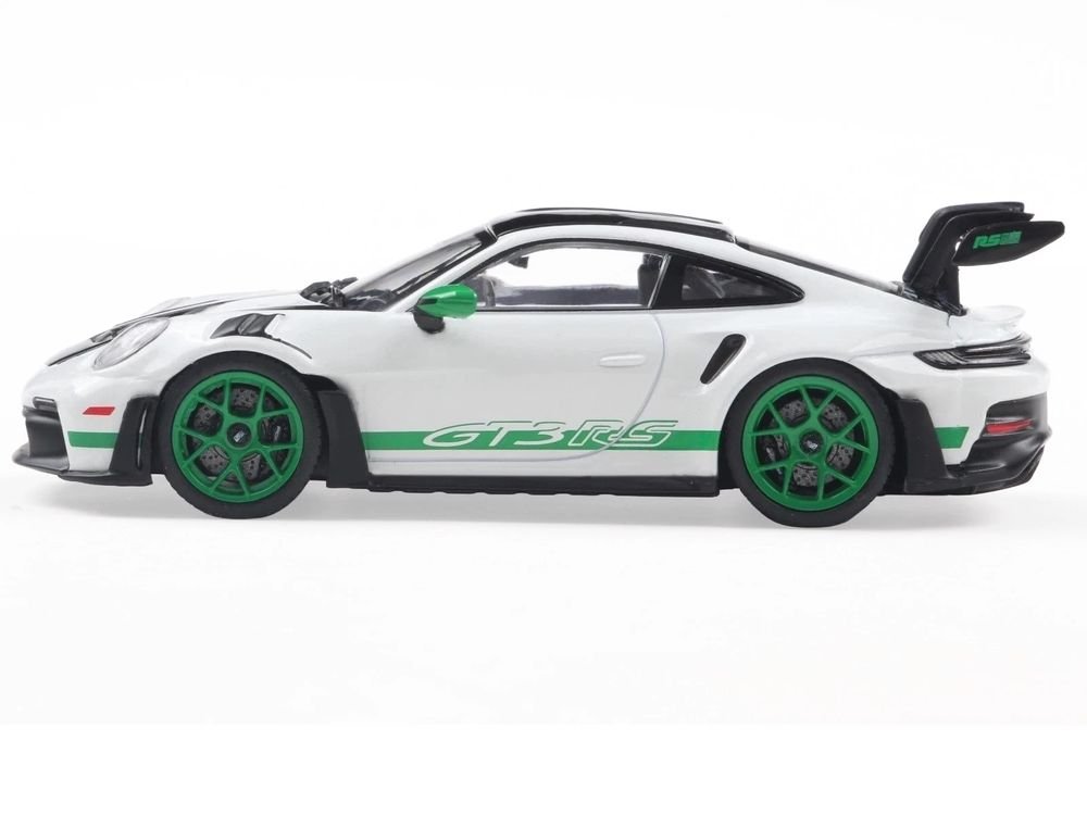 2023 Porsche 911 (992) GT3 RS "Tribute to Carrera RS Package" White with Green Stripes and Black Hood and Top 1/43 Diecast Model Car by Solido view 2