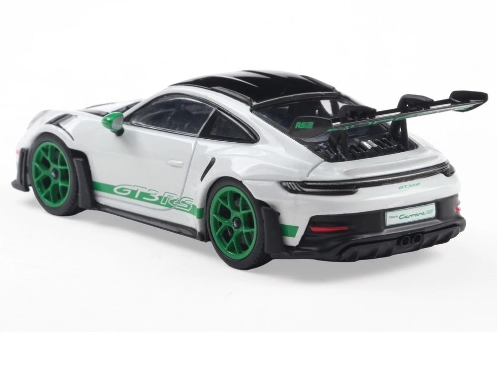 2023 Porsche 911 (992) GT3 RS "Tribute to Carrera RS Package" White with Green Stripes and Black Hood and Top 1/43 Diecast Model Car by Solido view 3