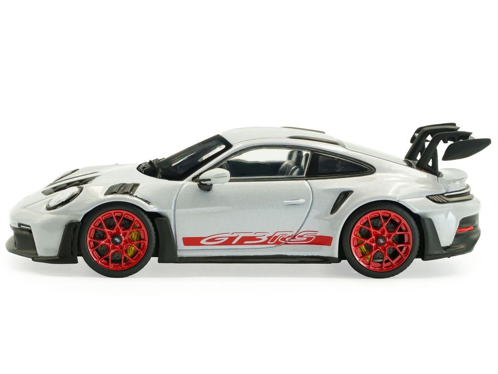 2023 Porsche 911 (992) GT3 RS Ice Gray Metallic with Pyro Red Stripes 1/43 Diecast Model Car by Solido view 2