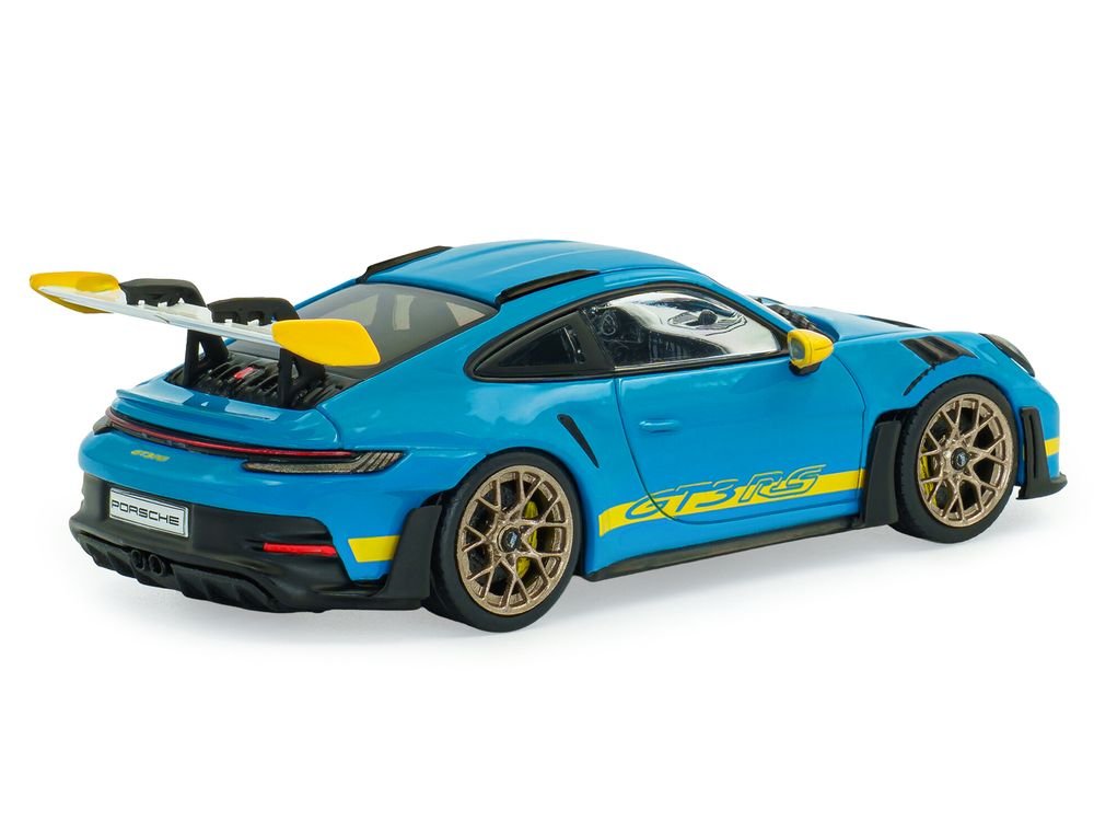 2023 Porsche 911 (992) GT3 RS "Tribute to 24 Hours of Daytona 2003" Riviera Blue with Yellow Stripes 1/43 Diecast Model Car by Solido view 3