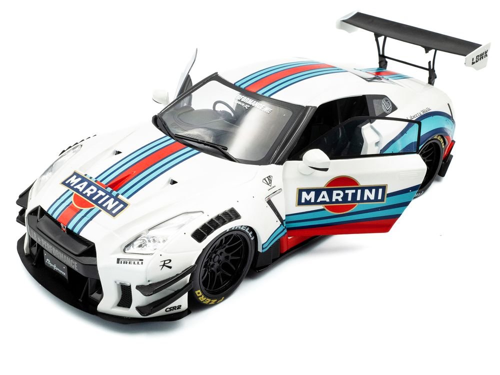 2024 Nissan GT-R (R35) RHD (Right Hand Drive) with Liberty Walk 2.0 Body Kit "Martini Racing" White with Stripes 1/18 Diecast Model Car by Solido view 2