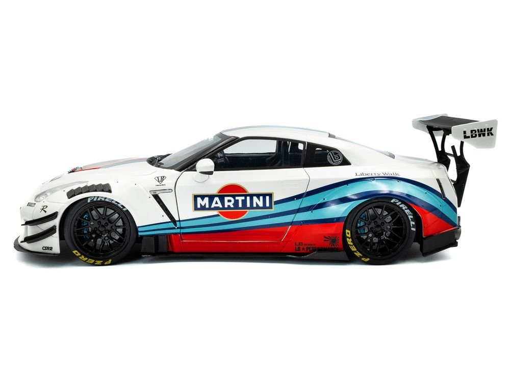 2024 Nissan GT-R (R35) RHD (Right Hand Drive) with Liberty Walk 2.0 Body Kit "Martini Racing" White with Stripes 1/18 Diecast Model Car by Solido view 3