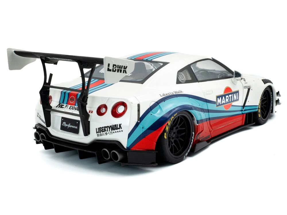 2024 Nissan GT-R (R35) RHD (Right Hand Drive) with Liberty Walk 2.0 Body Kit "Martini Racing" White with Stripes 1/18 Diecast Model Car by Solido view 4