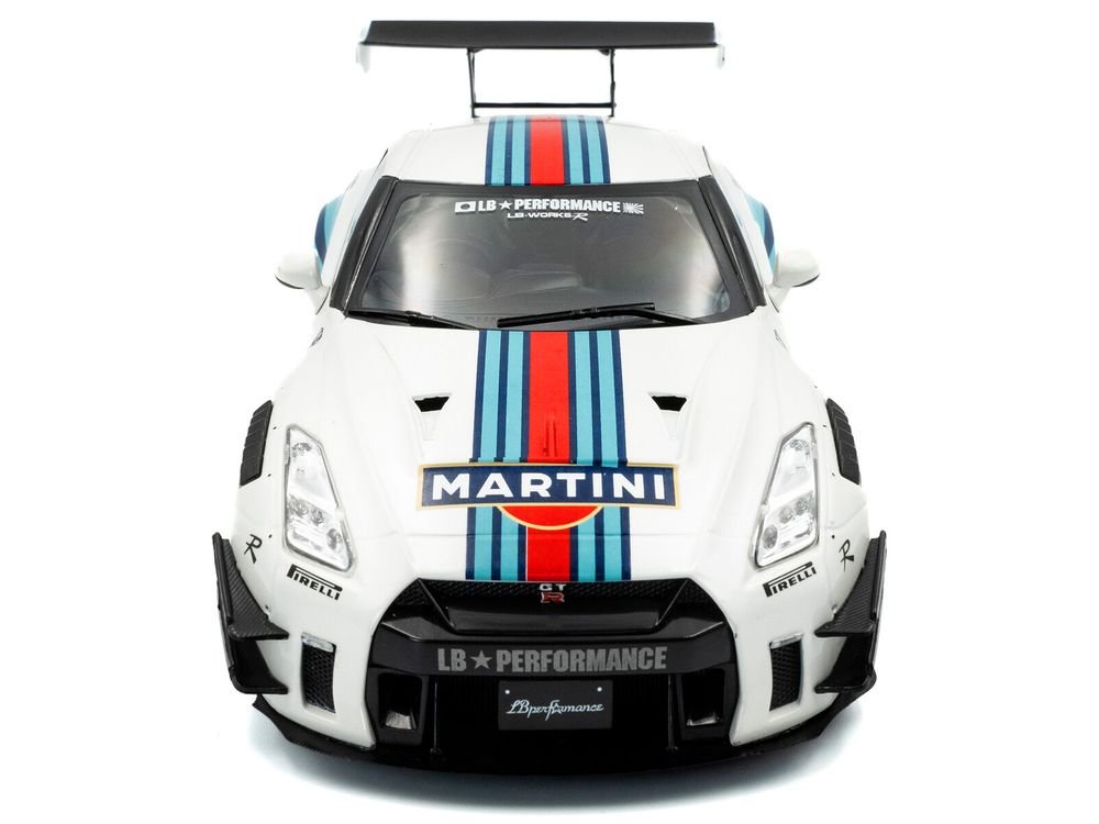 2024 Nissan GT-R (R35) RHD (Right Hand Drive) with Liberty Walk 2.0 Body Kit "Martini Racing" White with Stripes 1/18 Diecast Model Car by Solido view 5