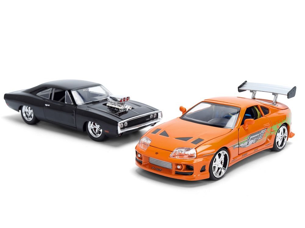 Dom's 1970 Dodge Charger R/T Black and Brian's Toyota Supra Orange with Graphics Set of 2 Cars "Fast & Furious 25th Anniversary" "Fast & Furious" Series 1/24 Diecast Model Cars by Jada view 2