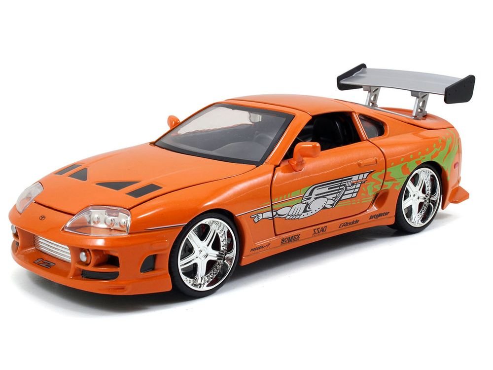 Dom's 1970 Dodge Charger R/T Black and Brian's Toyota Supra Orange with Graphics Set of 2 Cars "Fast & Furious 25th Anniversary" "Fast & Furious" Series 1/24 Diecast Model Cars by Jada view 3
