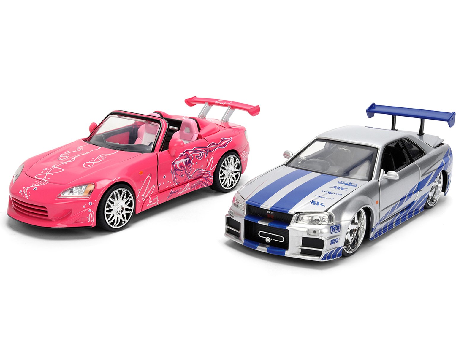 Brian's Nissan Skyline GT-R (R34) Silver Metallic with Blue Stripes and Suki's Honda S2000 Pink with Graphics Set of 2 Cars "Fast & Furious 25th Anniversary" "Fast & Furious" Series 1/24 Diecast Model Cars by Jada view 2