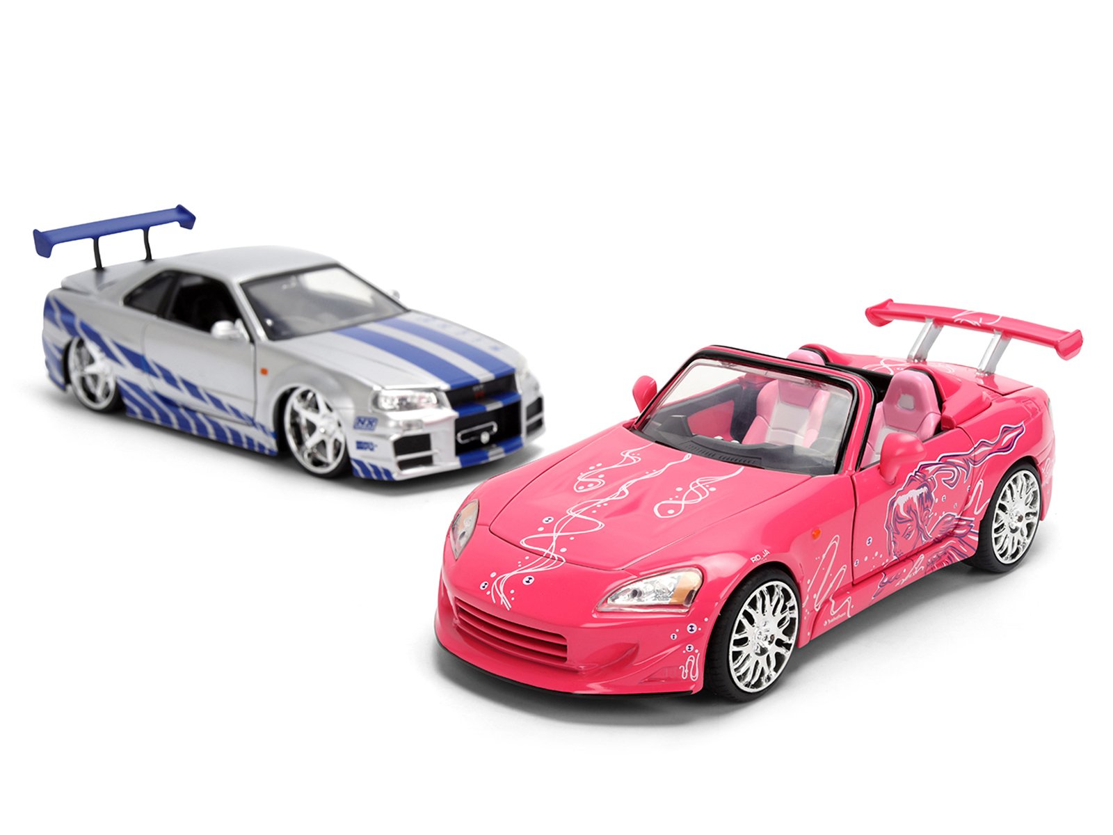 Brian's Nissan Skyline GT-R (R34) Silver Metallic with Blue Stripes and Suki's Honda S2000 Pink with Graphics Set of 2 Cars "Fast & Furious 25th Anniversary" "Fast & Furious" Series 1/24 Diecast Model Cars by Jada view 3