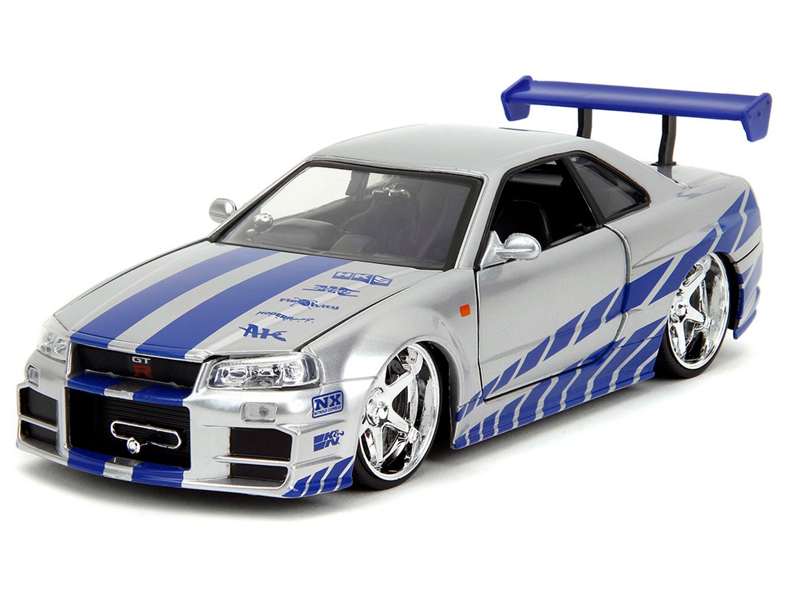 Brian's Nissan Skyline GT-R (R34) Silver Metallic with Blue Stripes and Suki's Honda S2000 Pink with Graphics Set of 2 Cars "Fast & Furious 25th Anniversary" "Fast & Furious" Series 1/24 Diecast Model Cars by Jada view 4